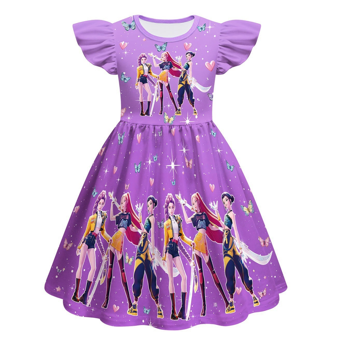 Rummi girls' Pink Printed Dress With Ruffle Sleeves